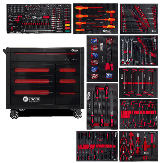 Black FTools 12/10 PRO industrial tool cabinet with 12 drawers shown with ten equipped EVA foam tool inserts containing wrenches sockets screwdrivers and pliers.
