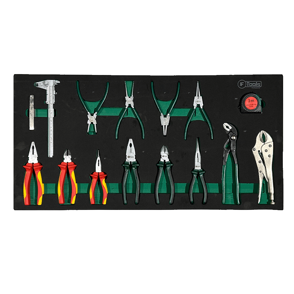 FTools tool tray with standard and circlip pliers locking pliers water pump plier red-yellow VDE isolated pliers vernier calipers and a tape measure.