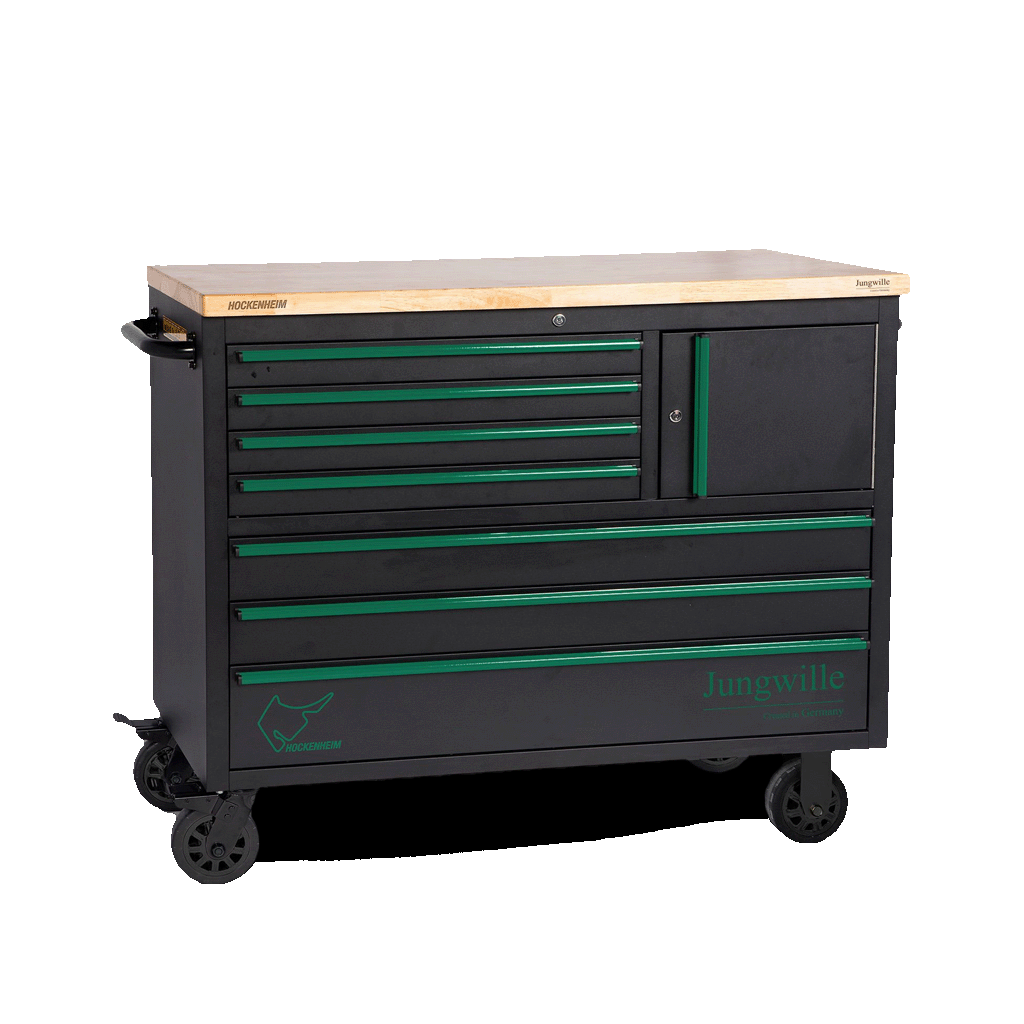 Jungwille Hockenheim tool cabinet lower base unit featuring eight green-trimmed drawers and a wooden worktop.