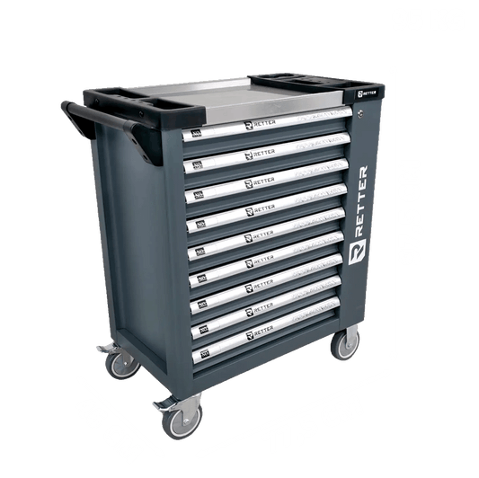 Retter R11 tool cabinet workstation featuring a stainless steel INOX worktop and nine storage drawers.