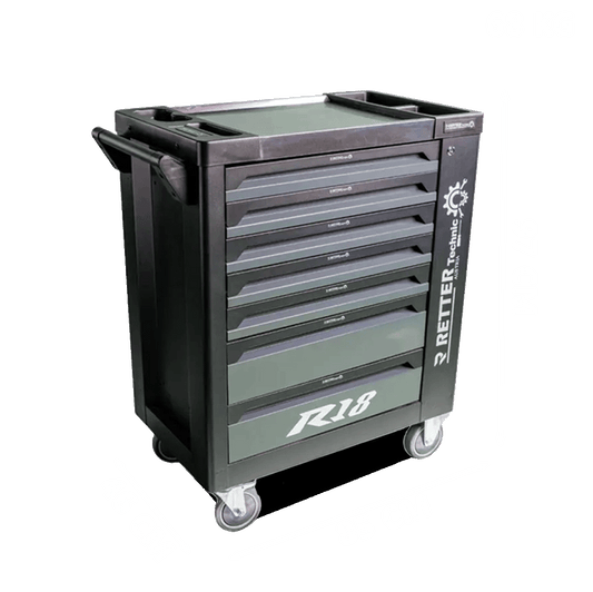 Three-quarter view of the black Retter R18 Technic VDE mobile tool cabinet with closed drawers and a top work surface.