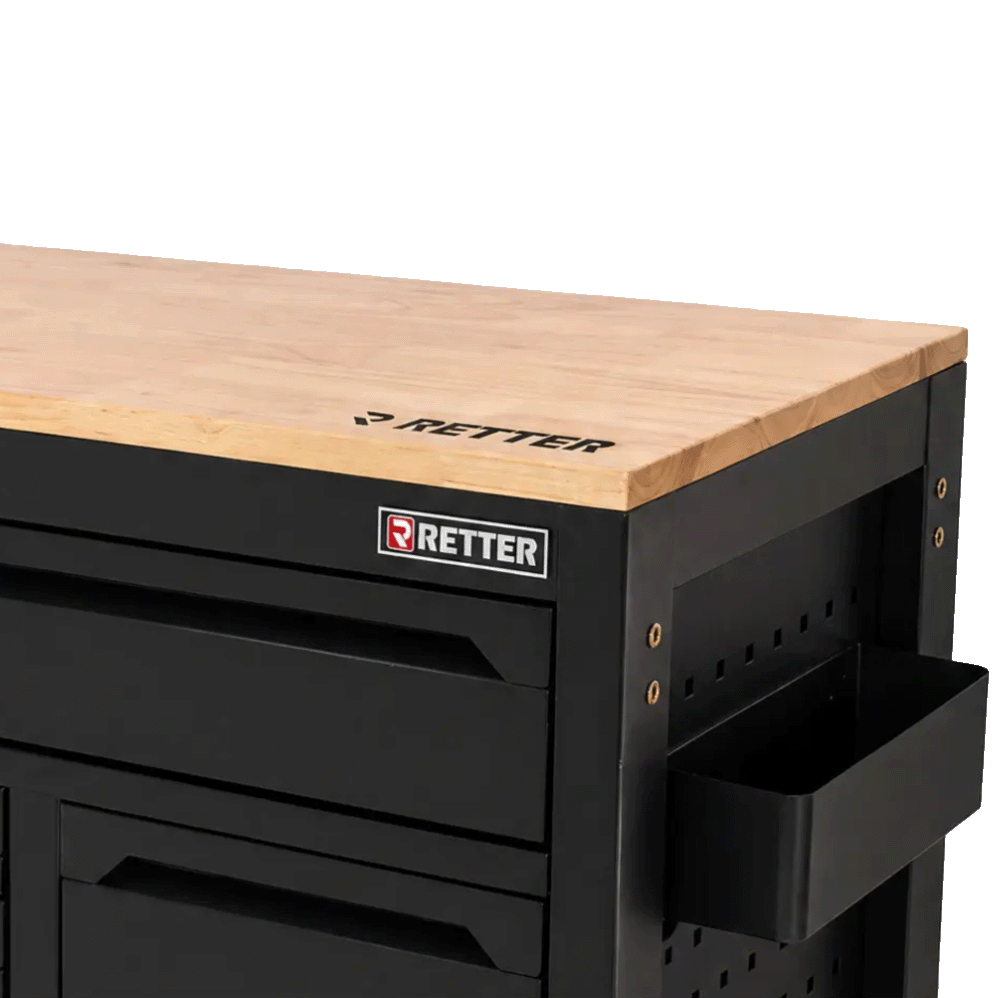 Retter R23 tool cabinet detail showing the durable solid wood worktop surface and a side-mounted utility storage bin.