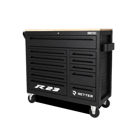 Retter R23 tool cabinet showing a solid wood worktop, twelve storage drawers, and a side-mounted accessory shelf.