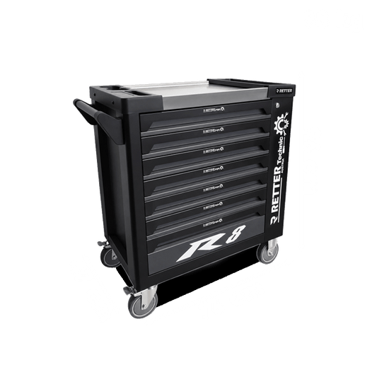 Side view of the Retter R8 Technic tool cabinet with open ball-bearing drawers and a side storage compartment with a lock.