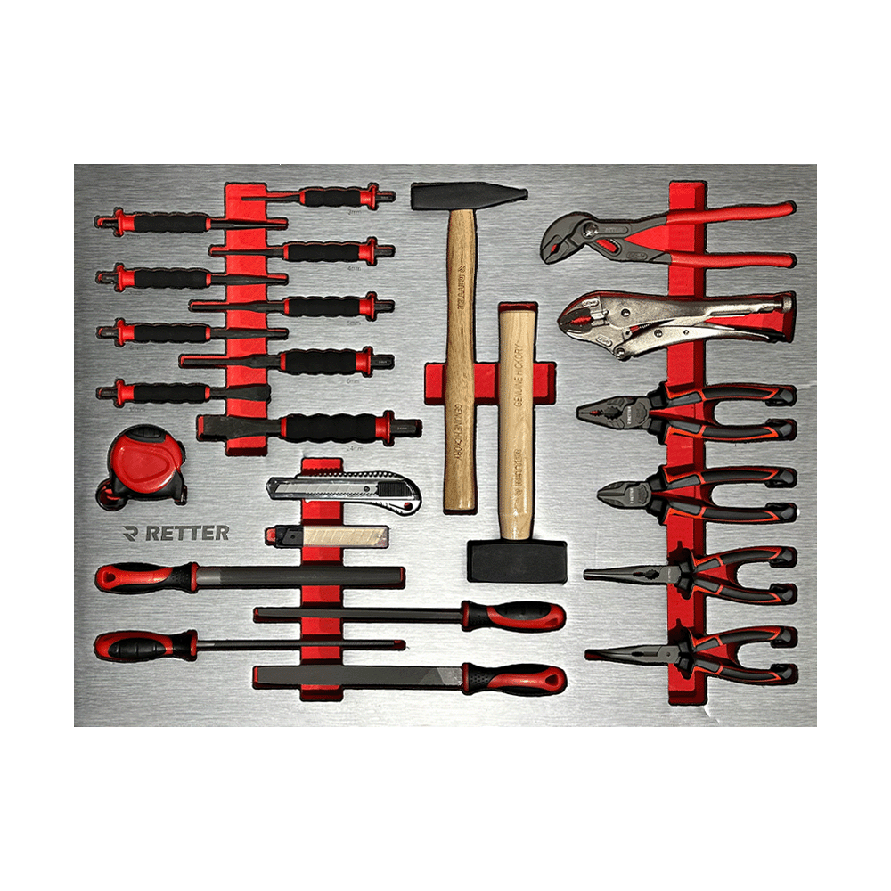 Retter R13 PRO drawer with pliers set, mechanic hammer, and files in EVA foam insert