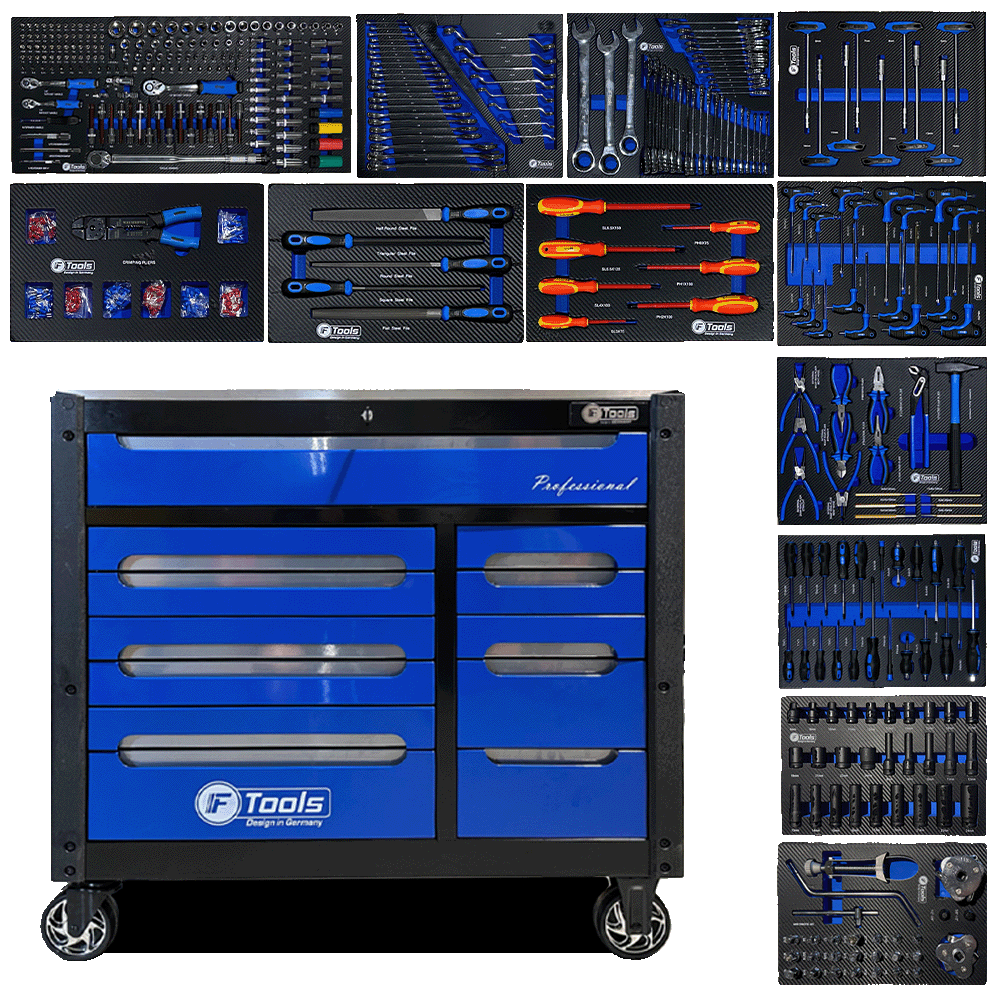 FTools 12/12 PRO Servante d'Atelier | CR-V | Plateau INOX | Douilles à chocs 1/2" | 12 tiroirs équipés