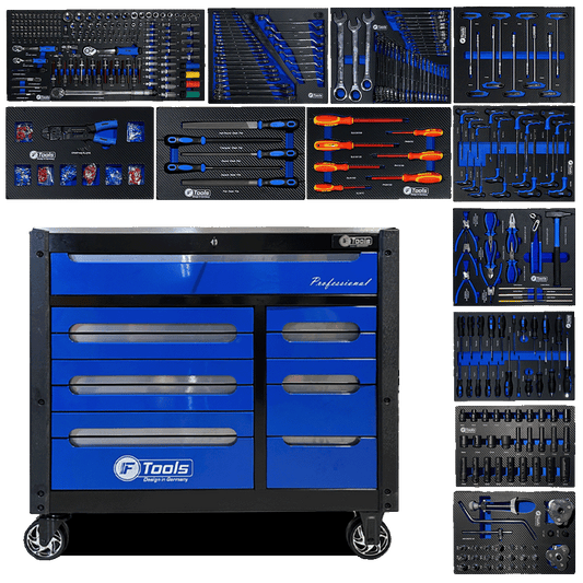 FTools 12/12 PRO Werkzeugwagen | CR-V | INOX-Arbeitsplatte | 1/2" Schlagnüsse | 12 bestückte Schubladen