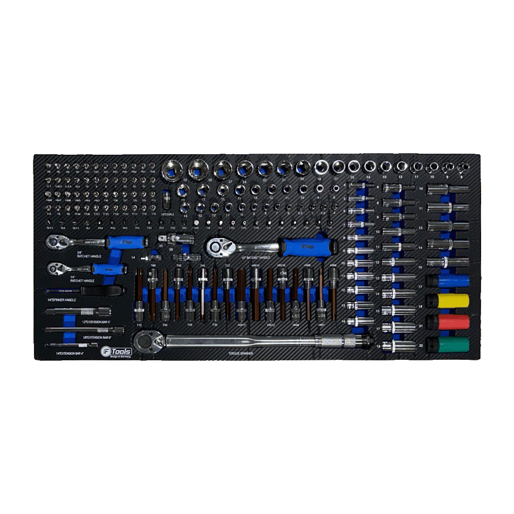 FTools 12/12 PRO Servante d'Atelier | CR-V | Plateau INOX | Douilles à chocs 1/2" | 12 tiroirs équipés