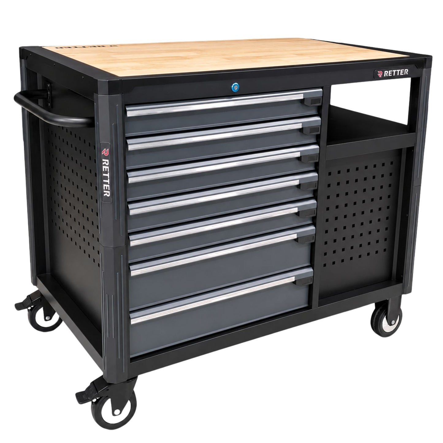 Mobiler Werkzeugwagen RETTER RS12 inkl. robuster Holz-Arbeitsplatte