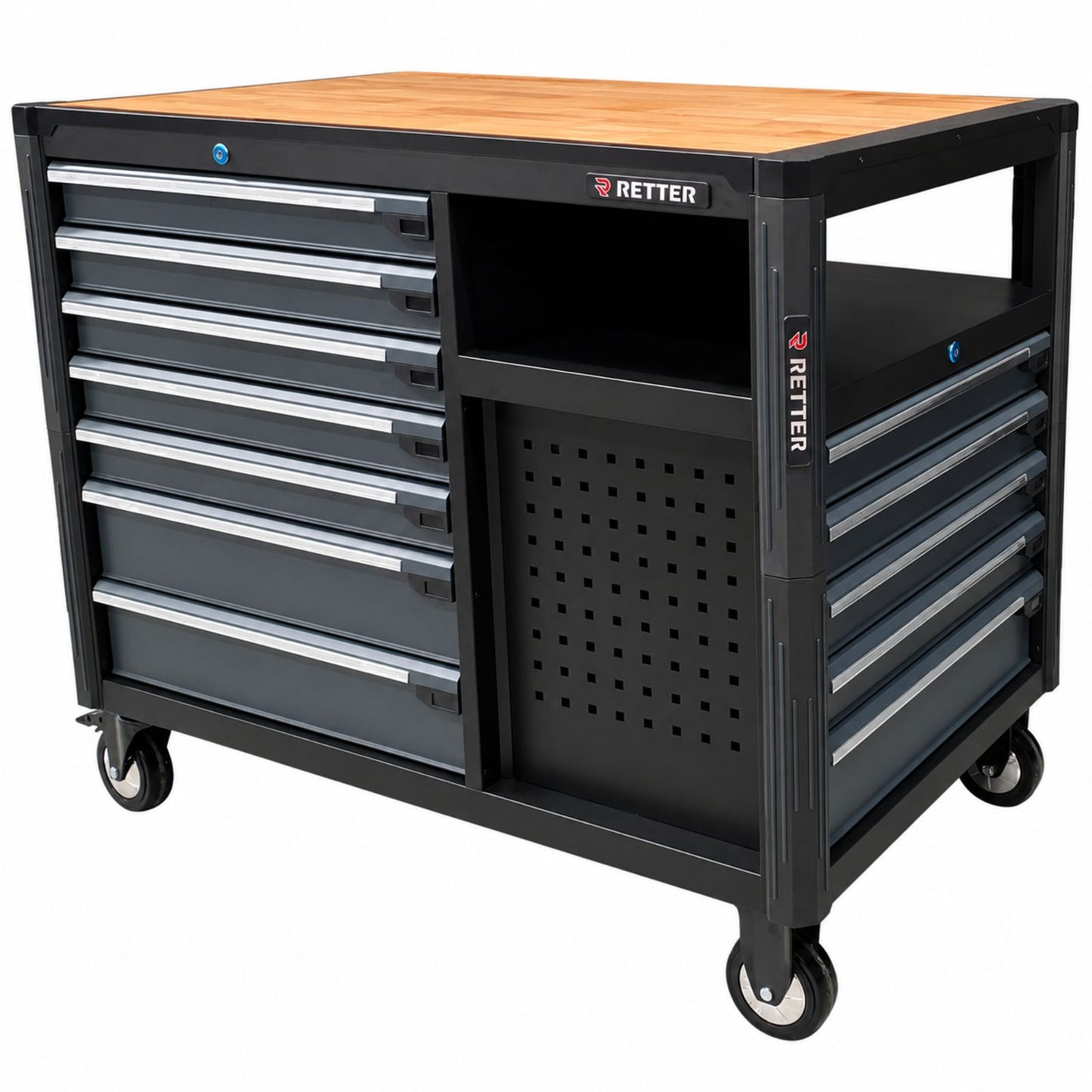 Mobiler Werkzeugwagen RETTER RS12 inkl. robuster Holz-Arbeitsplatte