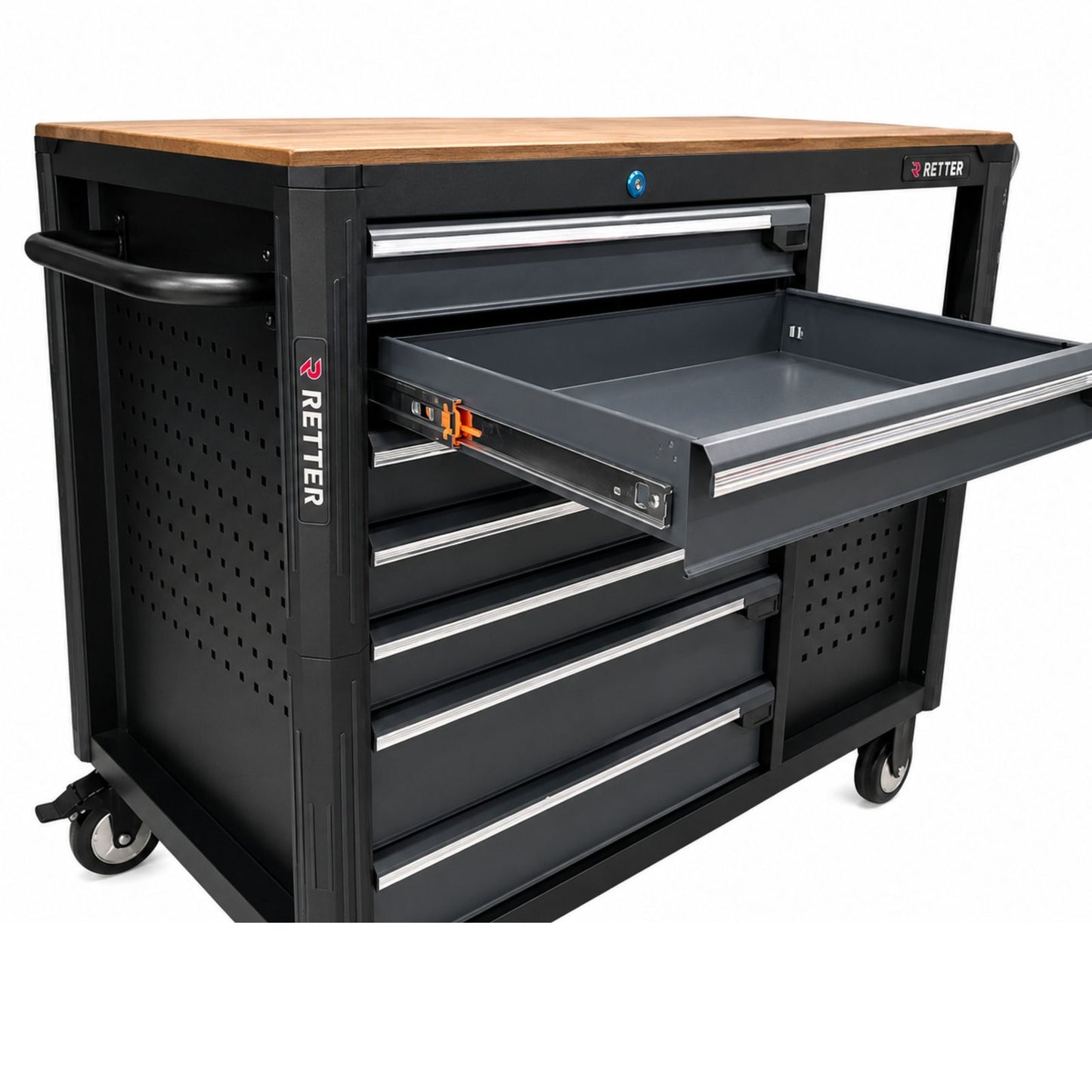 Mobiler Werkzeugwagen RETTER RS12 inkl. robuster Holz-Arbeitsplatte