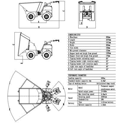 XN500E Elektro-Allrad-Dumper 3kW, 500kg, Lithium-Akku, 4WD und hydraulische Knicklenkung - AGROX