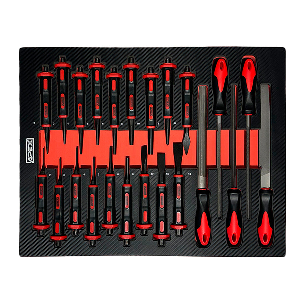 Apex 14/10 drawer with files, chisels, and punches in red and black foam