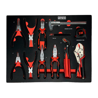 Apex 14/10 drawer with pliers, circlip pliers, calipers, and tape measure