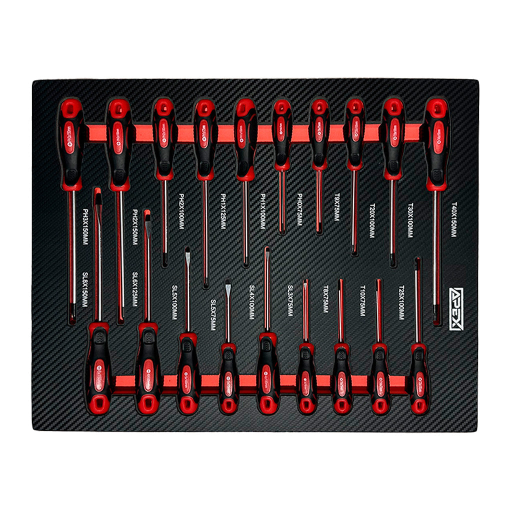 Apex 14/10 drawer with SL, PH, and Torx screwdrivers with red and black handles