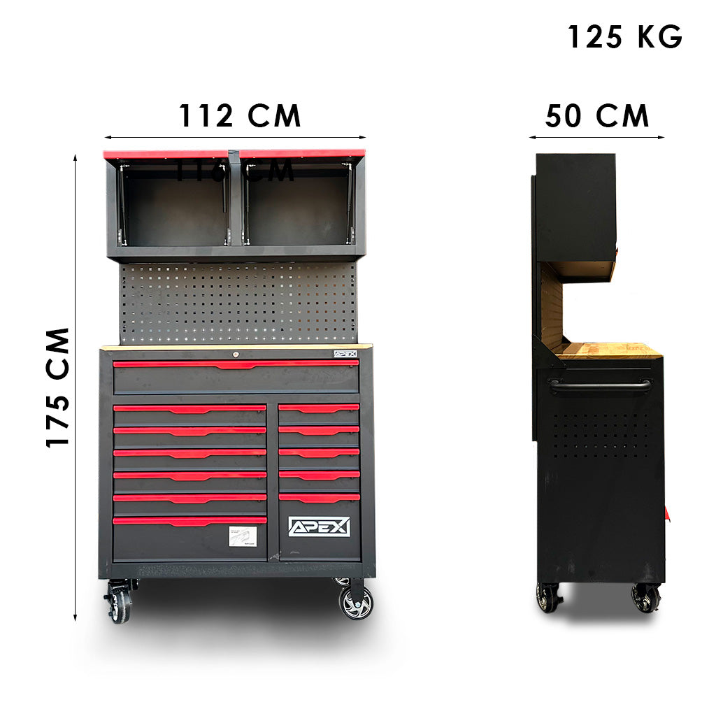Apex 14/10 black cabinet with 12 red drawers, overhead cabinets, and dimensions