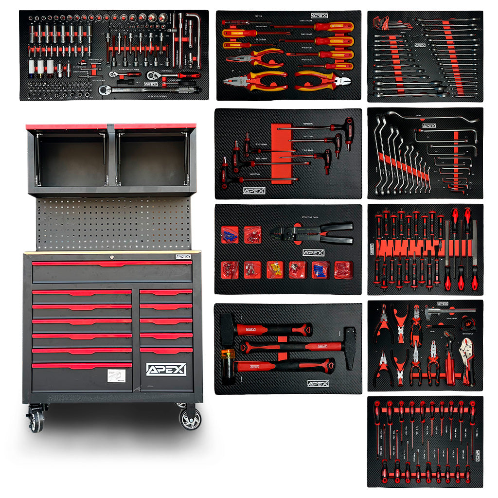 Apex 14/10 black tool cabinet with red drawers and 297-piece CR-V set displayed