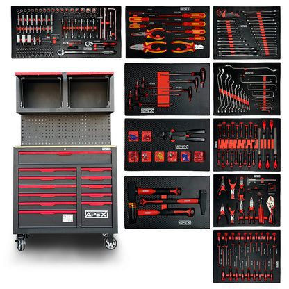Apex 14/10 black tool cabinet with red drawers and 297-piece CR-V set displayed