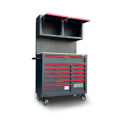 Apex 14/10 black tool cabinet with overhead cabinets, pegboard, and open compartments