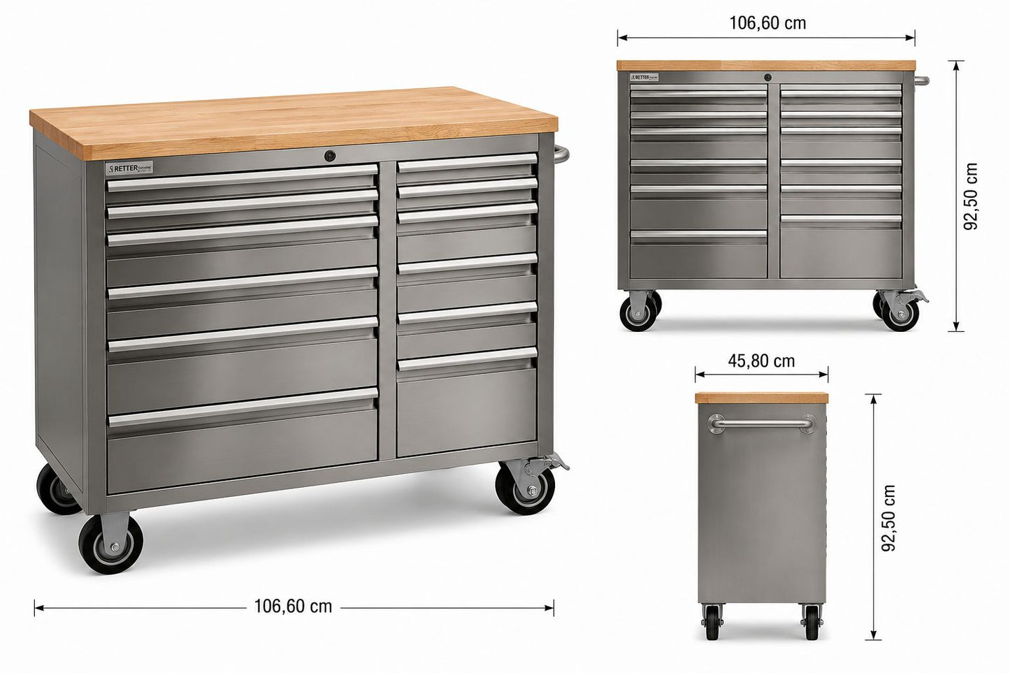 RS4 Workstation Edelstahl 42 Werkzeugschrank mit Massivholz-Werkbank