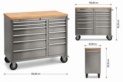RS4 Workstation Edelstahl 42 Werkzeugschrank mit Massivholz-Werkbank