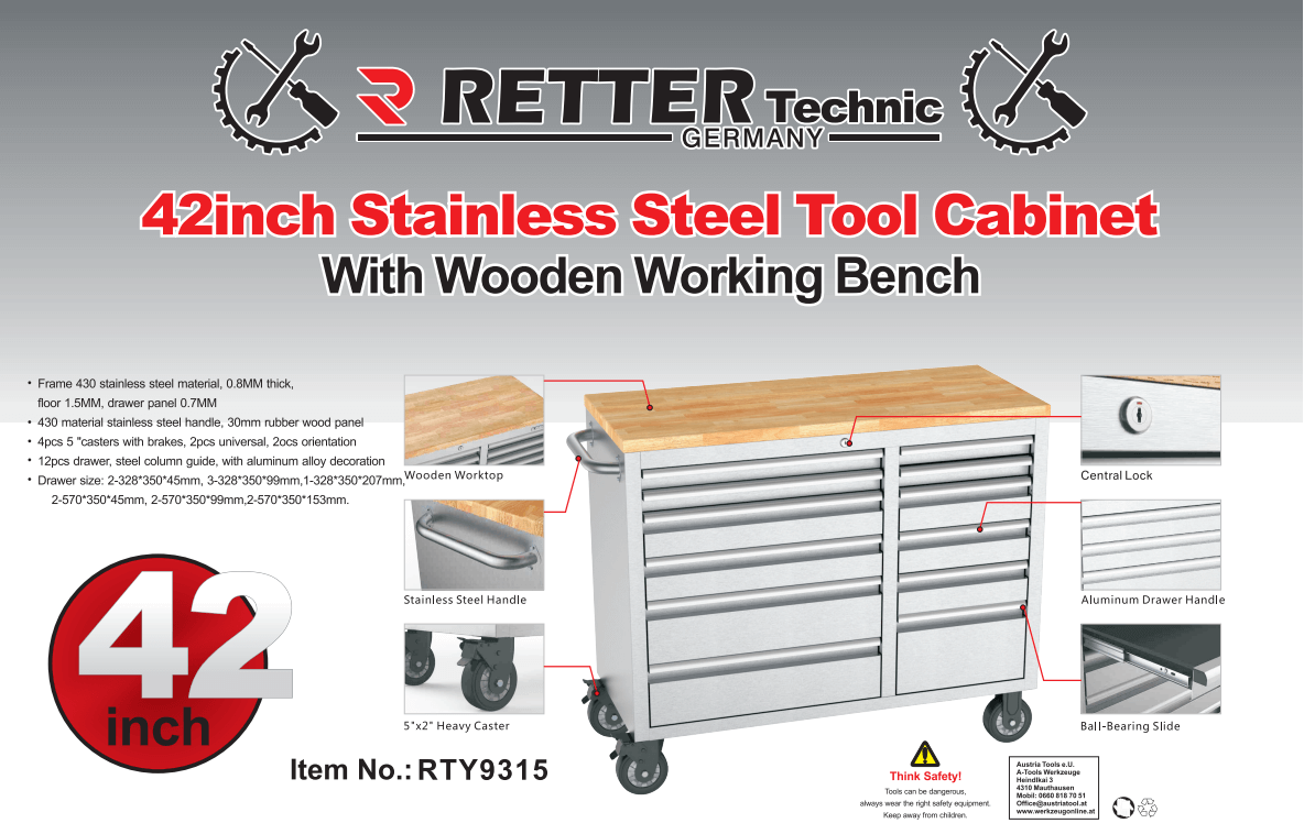 RS4 Workstation stainless steel 42 tool cabinet with solid w | GGM Tools