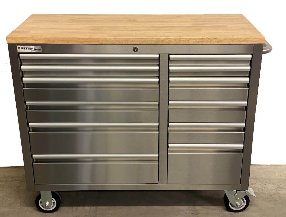 RS4 Workstation Edelstahl 42 Werkzeugschrank mit Massivholz-Werkbank