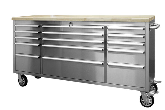 RS1 stainless steel workstation with 15 drawers | GGM Tools