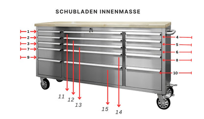 RS1 stainless steel workstation with 15 drawers | GGM Tools