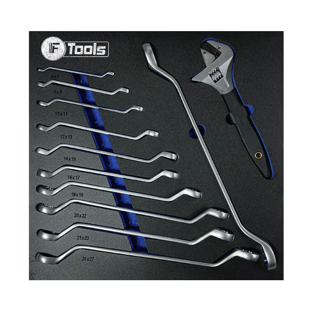 FTools tool drawer containing double deep offset ring wrenches from 6x7 to 24x27 mm and an adjustable wrench organized in custom foam slots.