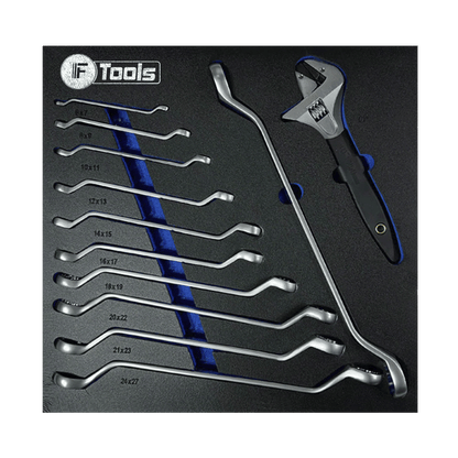 FTools tool drawer containing double deep offset ring wrenches from 6x7 to 24x27 mm and an adjustable wrench organized in custom foam slots.