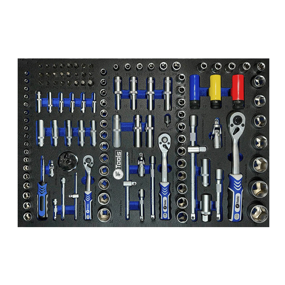 Comprehensive metric socket set featuring three fine-tooth ratchets extension bars spark plug sockets and colored wheel sockets in a tool tray.