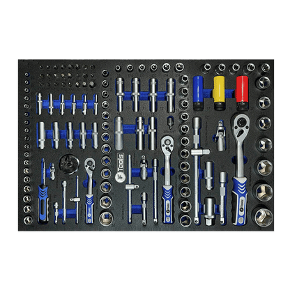 Comprehensive metric socket set featuring three fine-tooth ratchets extension bars spark plug sockets and colored wheel sockets in a tool tray.