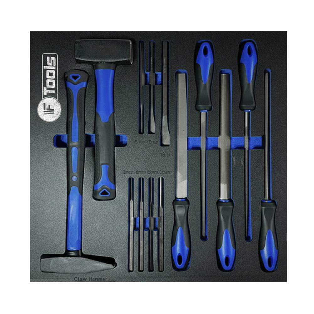 Industrial drawer insert with a claw hammer club hammer a set of pin punches cold chisels and five steel files with ergonomic grips.