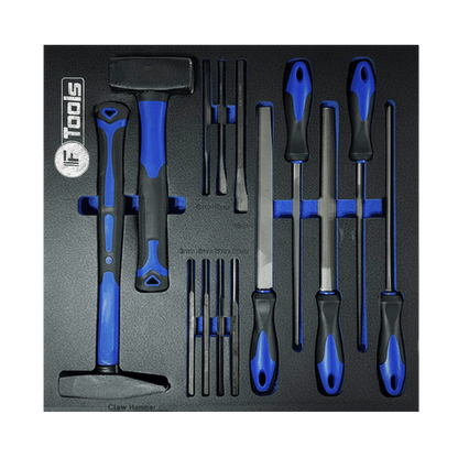 Industrial drawer insert with a claw hammer club hammer a set of pin punches cold chisels and five steel files with ergonomic grips.