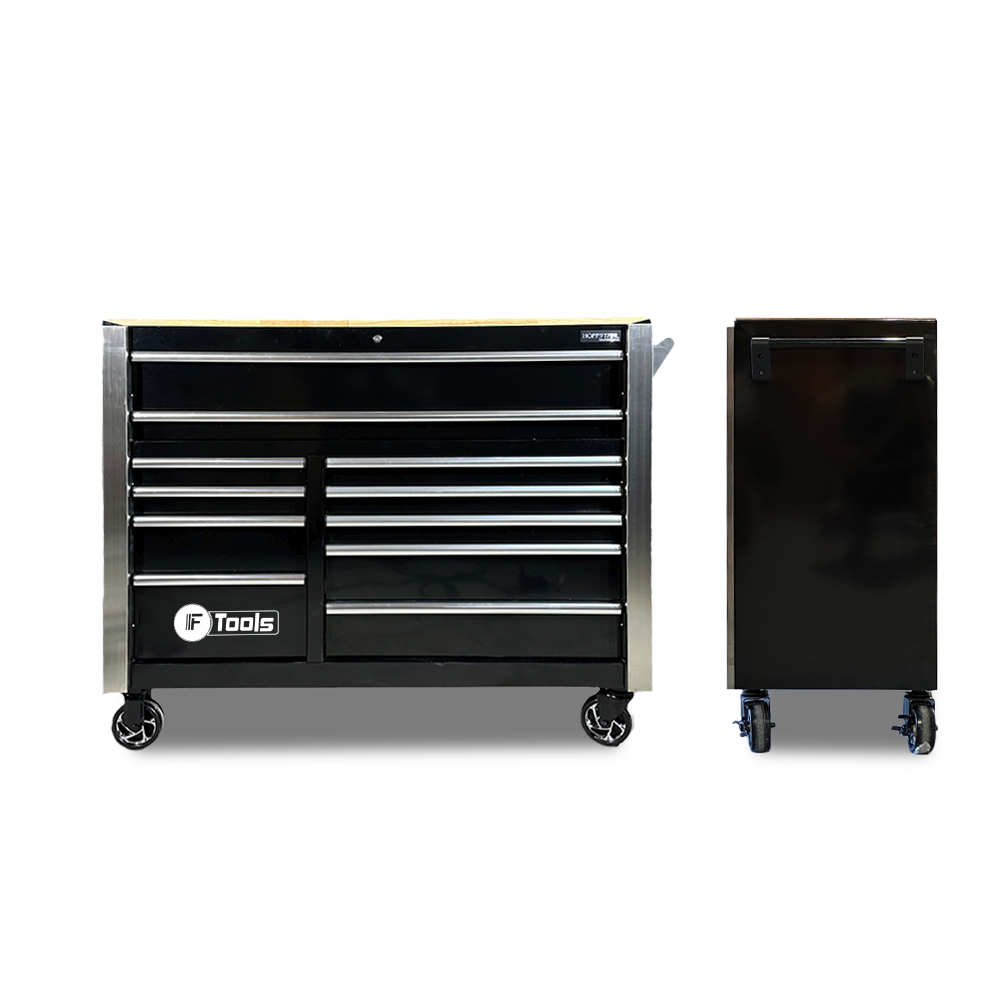 Front and side technical dimension views of the 186 kg FTools 11/9 cabinet measuring 143 cm length 50 cm width and 112 cm height.