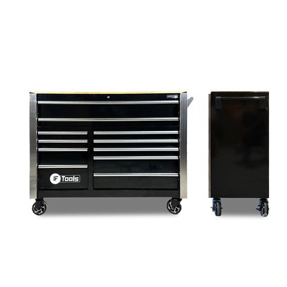 Front and side technical dimension views of the 186 kg FTools 11/9 cabinet measuring 143 cm length 50 cm width and 112 cm height.