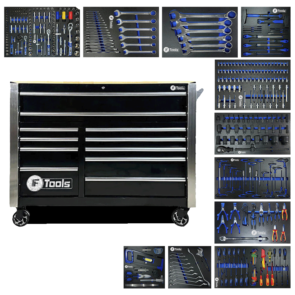 Heavy duty FTools 11/9 mobile workshop cabinet shown with its full eleven drawer configuration and nine equipped EVA foam tool trays containing XXL wrenches and heavy machinery sockets.