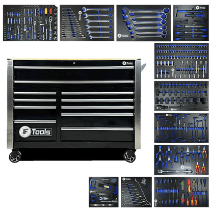 Heavy duty FTools 11/9 mobile workshop cabinet shown with its full eleven drawer configuration and nine equipped EVA foam tool trays containing XXL wrenches and heavy machinery sockets.