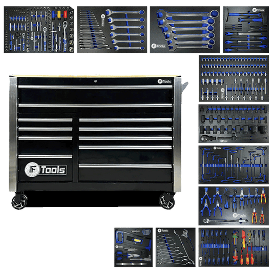 Heavy duty FTools 11/9 mobile workshop cabinet shown with its full eleven drawer configuration and nine equipped EVA foam tool trays containing XXL wrenches and heavy machinery sockets.