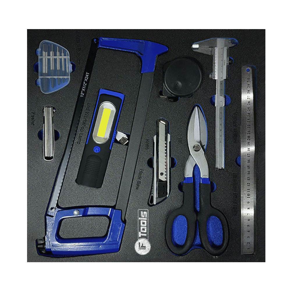 Professional workshop tray with a hacksaw LED flashlight vernier caliper tape measure tin snips utility knife feeler gauge and steel ruler.