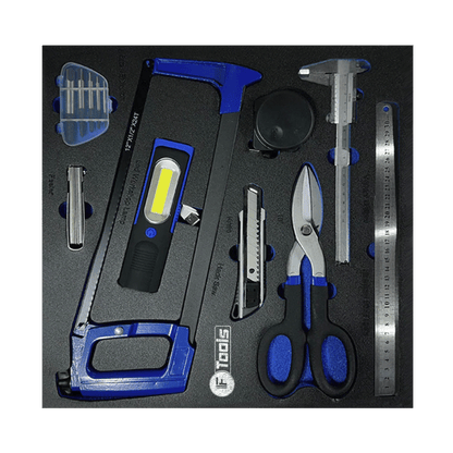 Professional workshop tray with a hacksaw LED flashlight vernier caliper tape measure tin snips utility knife feeler gauge and steel ruler.