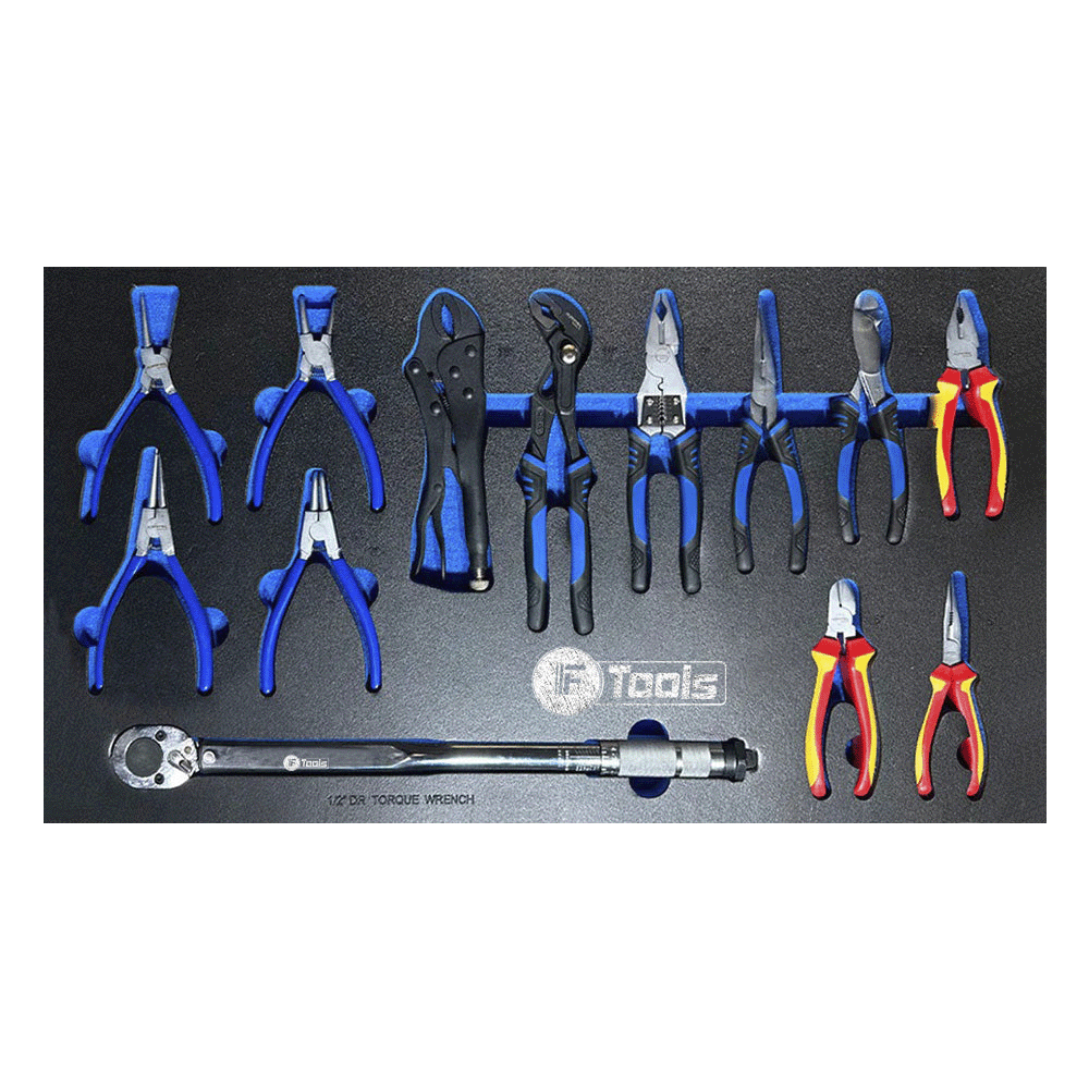 A professional tool tray with a 1/2 inch drive torque wrench standard pliers water pump pliers locking plier and a four piece circlip plier set.