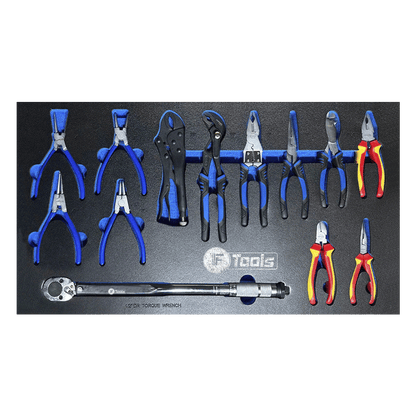 A professional tool tray with a 1/2 inch drive torque wrench standard pliers water pump pliers locking plier and a four piece circlip plier set.