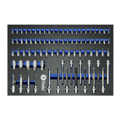Large collection of FTools precision bits and bit-sockets arranged inside a professional blue-lined tool cabinet stabilization tray.