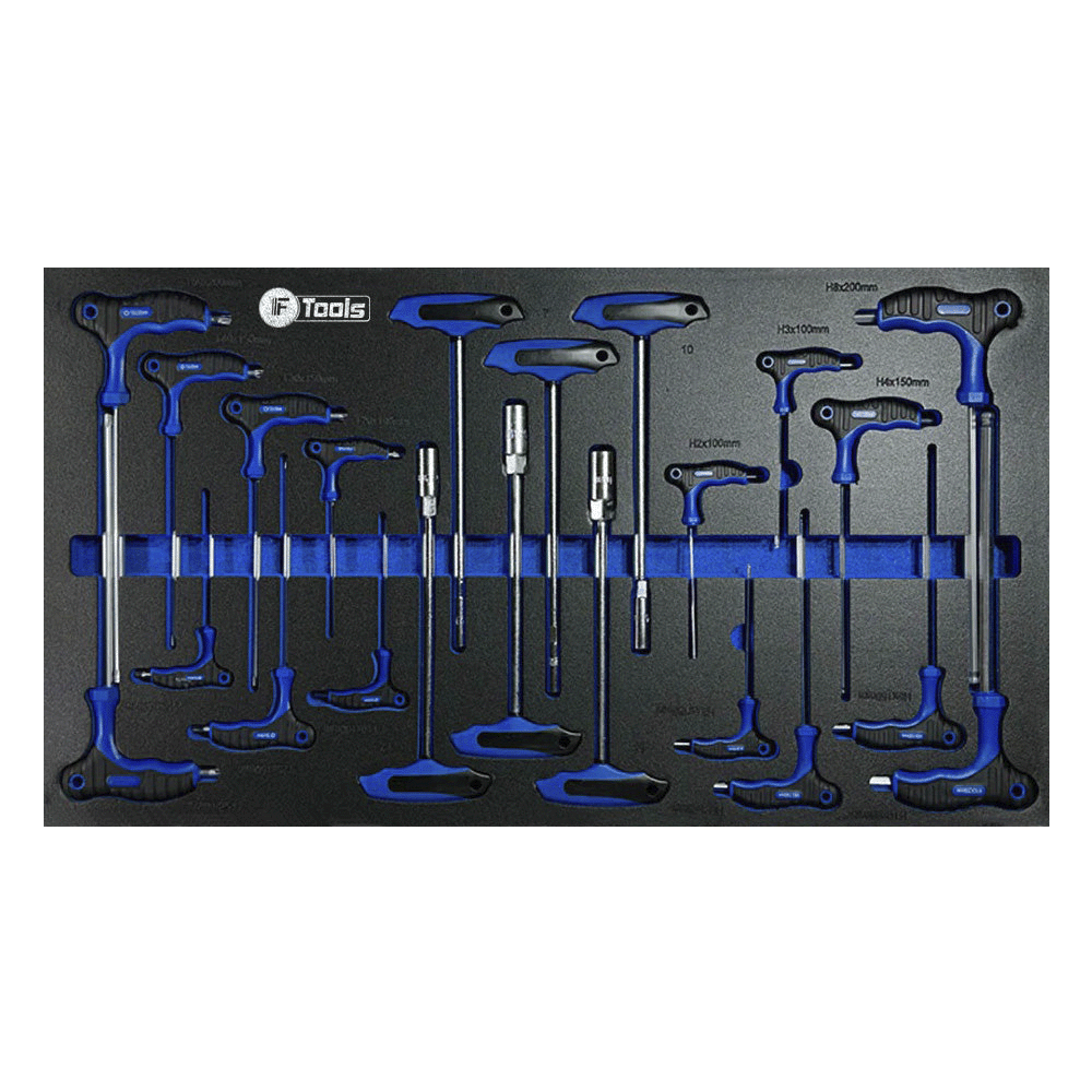 Professional FTools T-handle socket keys and HEX screwdrivers with blue and black handles stored inside a custom foam drawer insert.