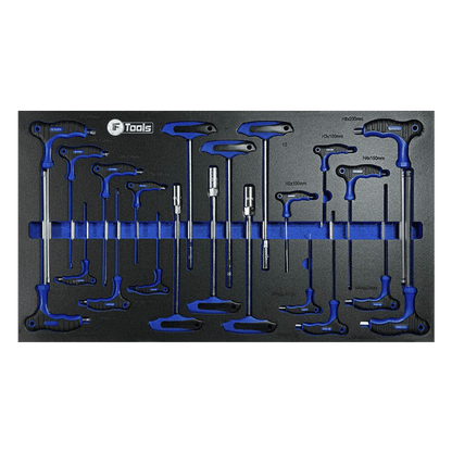 Professional FTools T-handle socket keys and HEX screwdrivers with blue and black handles stored inside a custom foam drawer insert.
