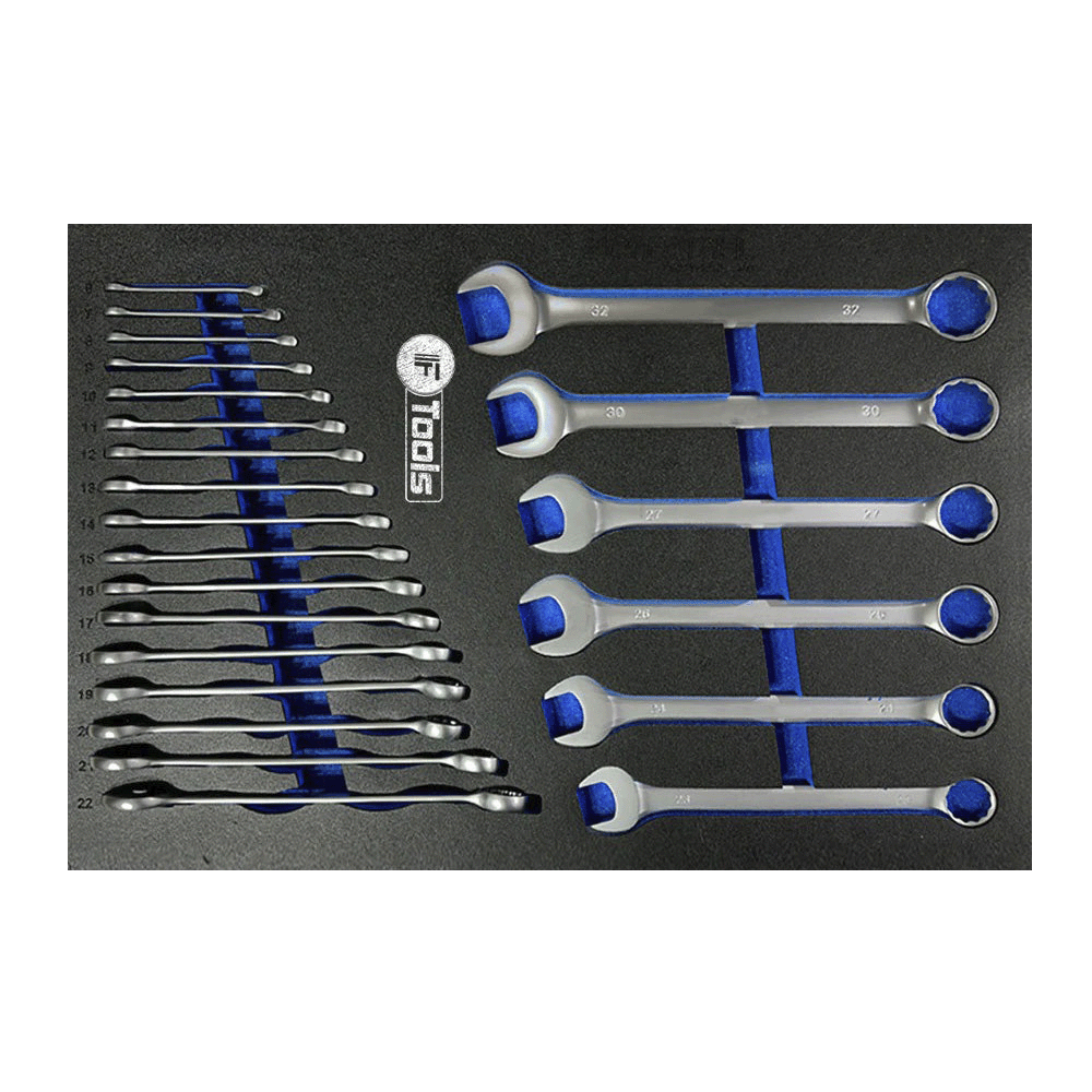A complete range of standard metric combination open-end wrenches neatly organized in an EVA foam tool drawer insert.