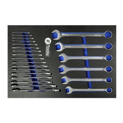 A complete range of standard metric combination open-end wrenches neatly organized in an EVA foam tool drawer insert.