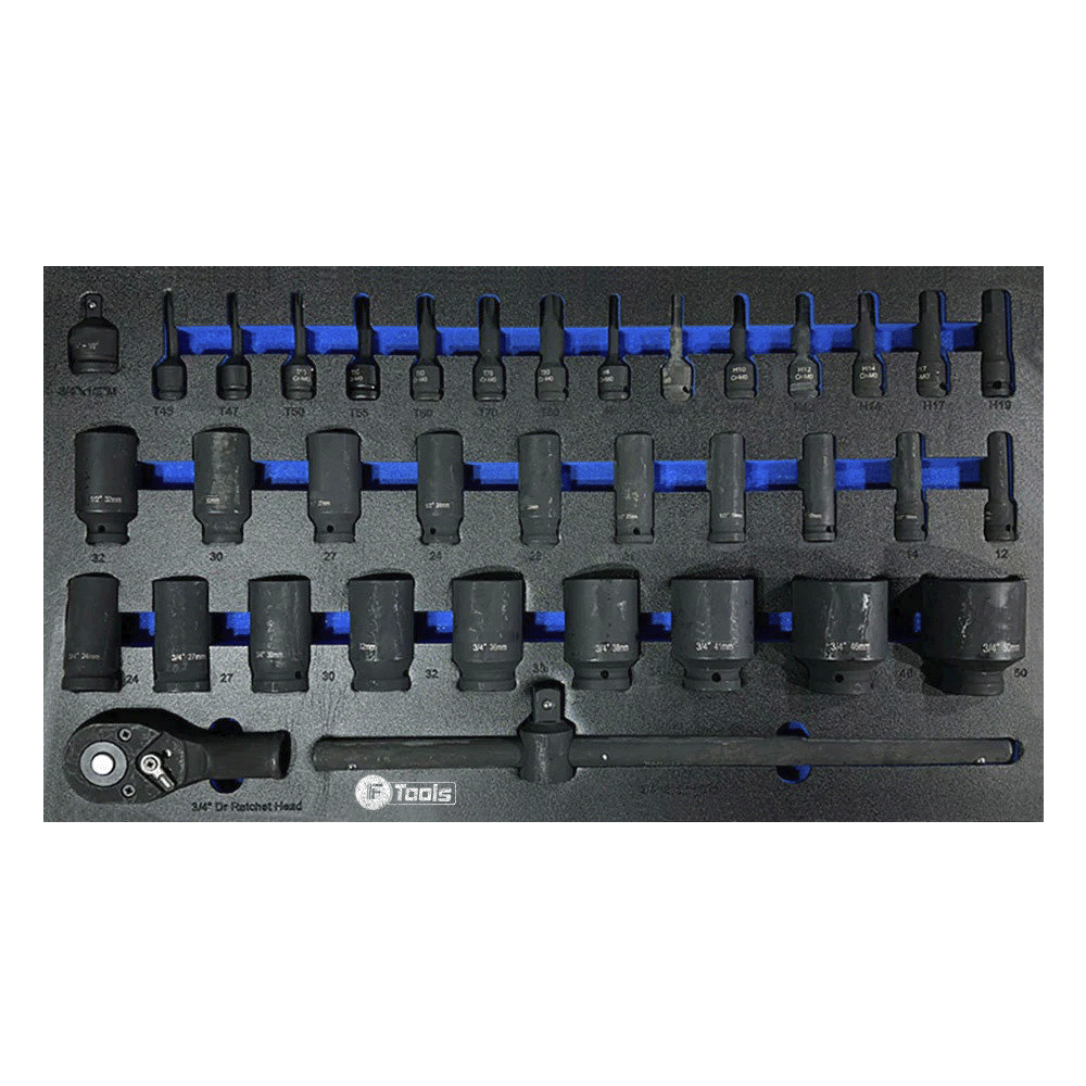 Heavy duty 3/4 inch drive black impact sockets from 24 to 41 mm and high torque 1/2 inch HEX and Torx impact bit sockets with a sliding T-bar.